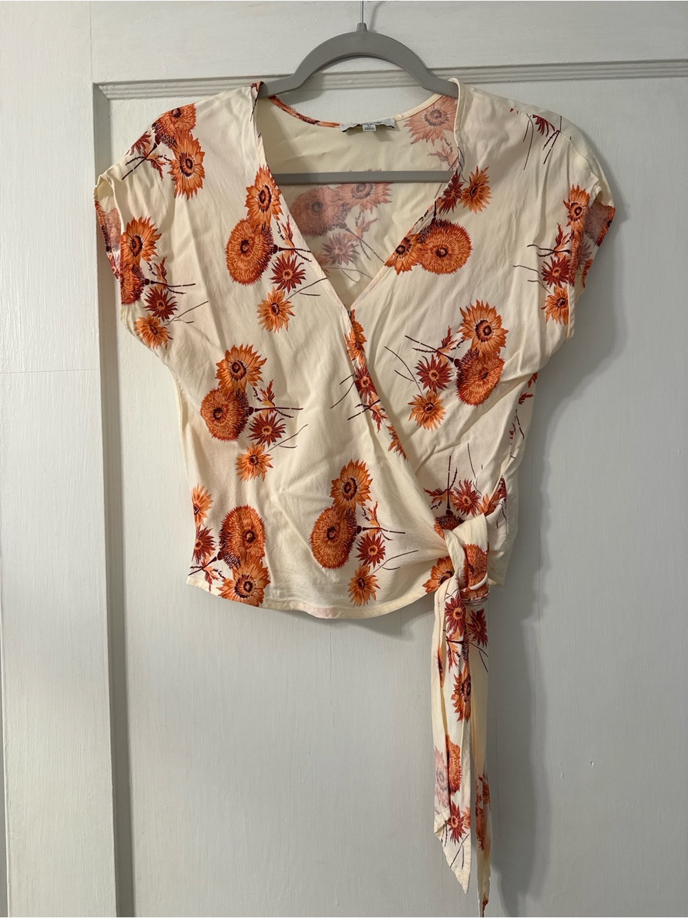 Madewell Cream Wrap Blouse with Orange Floral Print